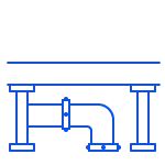 Blue line icon of plumbing pipes with an elbow joint