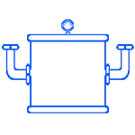 Blue line icon of a water heater tank with pipes