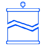 Blue line icon of a cracked water tank with gauge