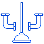 Blue line icon of a plunger and pipe elbows